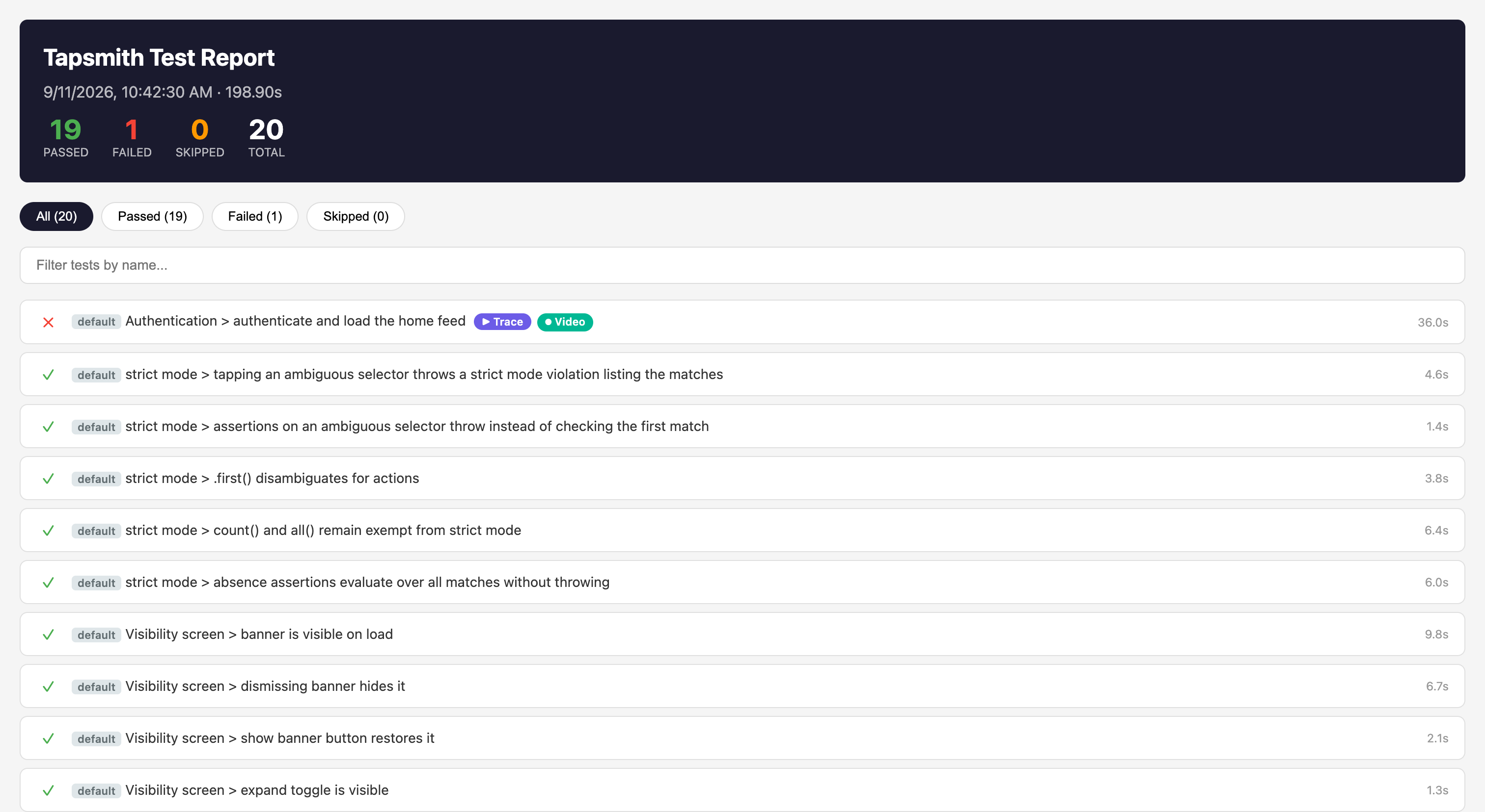 HTML report with a pass/fail summary, filter chips, and per-test rows including trace and video links for a failed test
