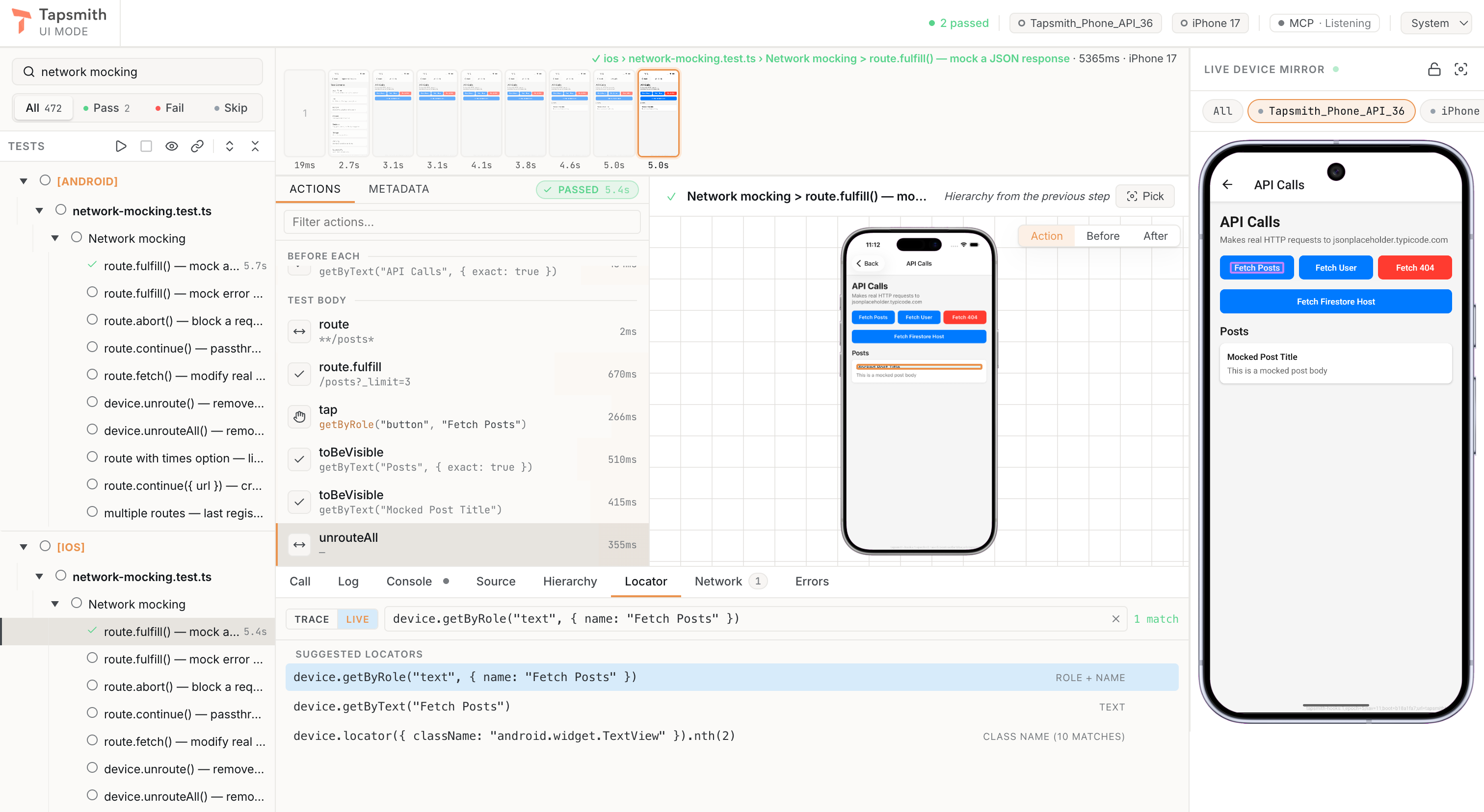 Pick mode in the live device mirror: the picked element is highlighted on the device and the Locator tab lists suggested locators with match counts